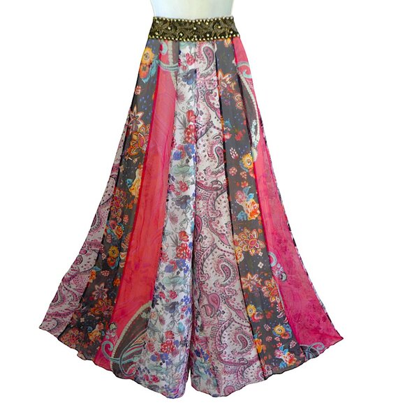 SiLK Haute Hippie Wide Leg Pants Heavy Beaded Waist Side Zip Patchwork Lined 8 - Picture 1 of 13